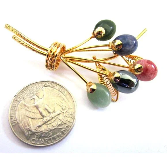 Vintage Gold Tone Flower Brooch Pin with Various Gemstone Flowers - Estate 1990s - Picture 7 of 7
